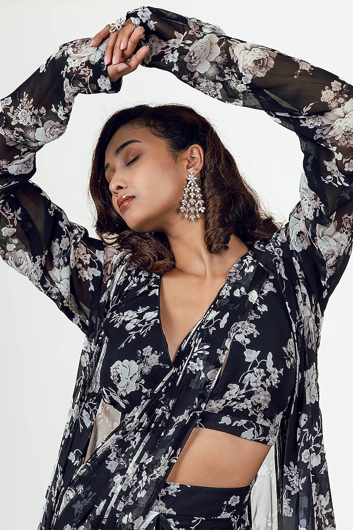 Black Georgette Printed Jacket Draped Saare Set by Studio 113 at Pernia's Pop Up Shop