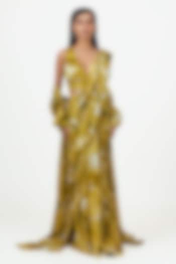 Lime Georgette Floral Jaal Printed Draped Party Wear Saree Set by Studio 113 at Pernia's Pop Up Shop