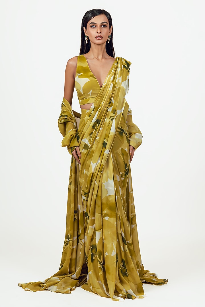 Lime Georgette Floral Jaal Printed Draped Party Wear Saree Set by Studio 113 at Pernia's Pop Up Shop