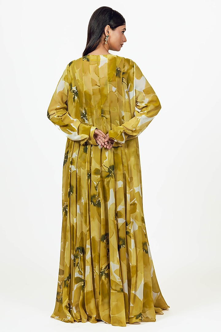 Lime Georgette Floral Jaal Printed Draped Party Wear Saree Set by Studio 113 at Pernia's Pop Up Shop