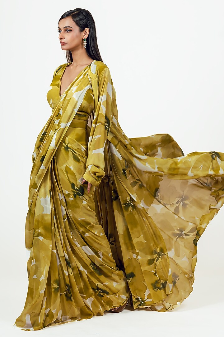 Lime Georgette Floral Jaal Printed Draped Party Wear Saree Set by Studio 113 at Pernia's Pop Up Shop