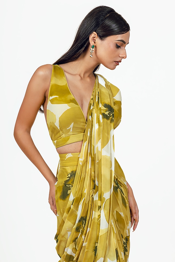 Lime Georgette Floral Jaal Printed Draped Party Wear Saree Set by Studio 113 at Pernia's Pop Up Shop