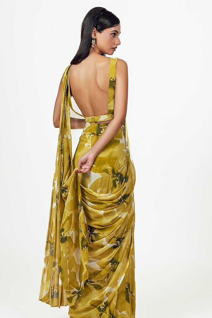 Lime Georgette Floral Jaal Printed Draped Party Wear Saree Set by Studio 113 at Pernia's Pop Up Shop