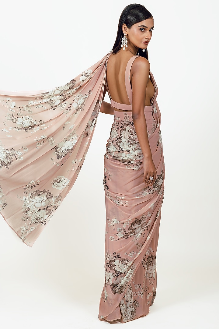Blossom Pink Georgette Floral Jaal Printed Jacket Draped Party Wear Saree Set by Studio 113 at Pernia's Pop Up Shop