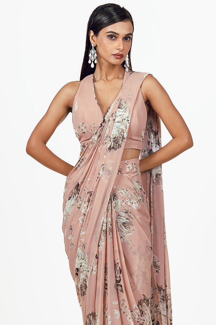 Blossom Pink Georgette Floral Jaal Printed Jacket Draped Party Wear Saree Set by Studio 113 at Pernia's Pop Up Shop