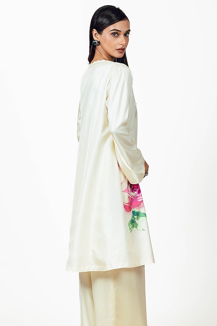 White Satin Floral Digital Printed Kurta Set by Studio 113 at Pernia's Pop Up Shop