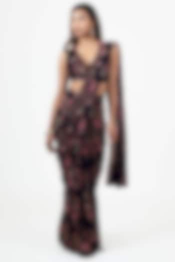 Black Georgette Peacock Chintz Printed Draped Party Wear Saree Set by Studio 113 at Pernia's Pop Up Shop