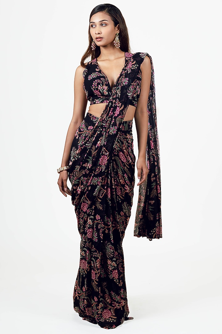 Black Georgette Peacock Chintz Printed Draped Party Wear Saree Set by Studio 113 at Pernia's Pop Up Shop