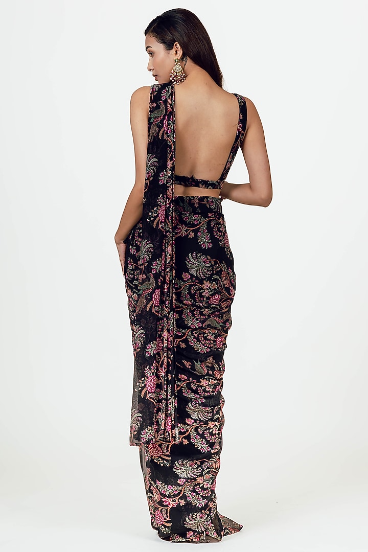 Black Georgette Peacock Chintz Printed Draped Party Wear Saree Set by Studio 113 at Pernia's Pop Up Shop