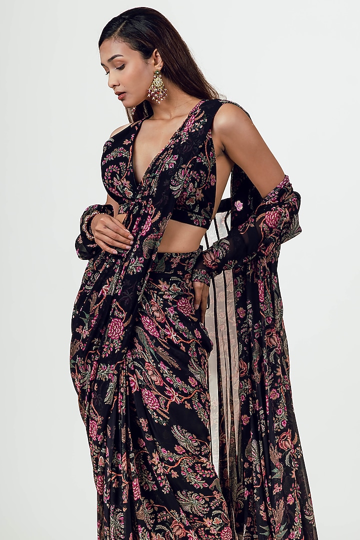 Black Georgette Peacock Chintz Printed Draped Party Wear Saree Set by Studio 113 at Pernia's Pop Up Shop