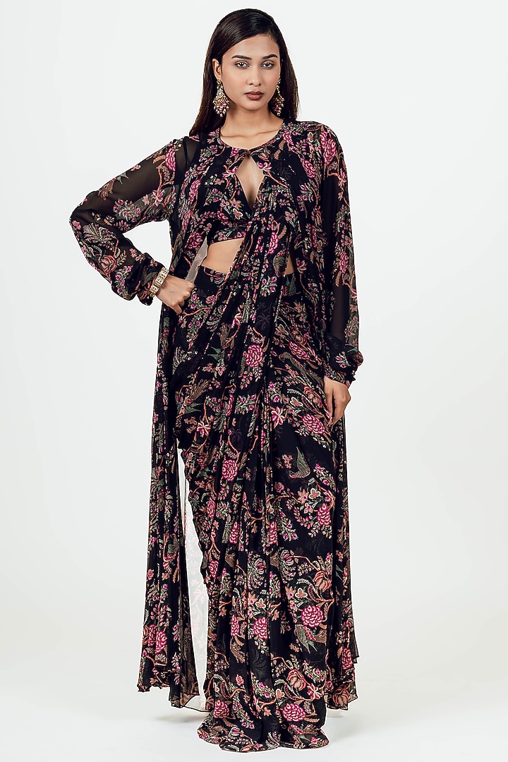 Black Georgette Peacock Chintz Printed Draped Party Wear Saree Set by Studio 113 at Pernia's Pop Up Shop