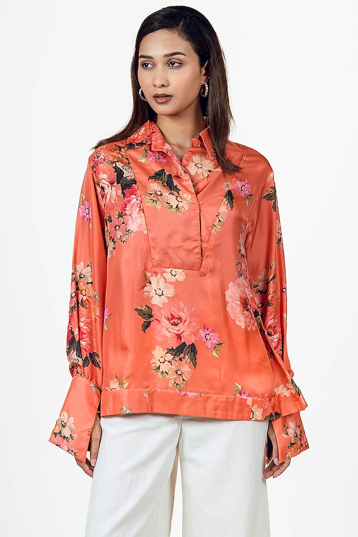 Burnt Sienna Twill Floral Digital Printed Shirt by Studio 113 at Pernia's Pop Up Shop