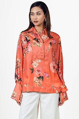 Burnt Sienna Twill Floral Digital Printed Shirt by Studio 113