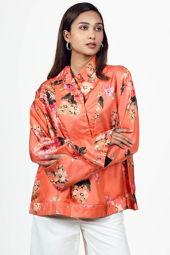 Burnt Sienna Twill Floral Digital Printed Shirt by Studio 113 at Pernia's Pop Up Shop