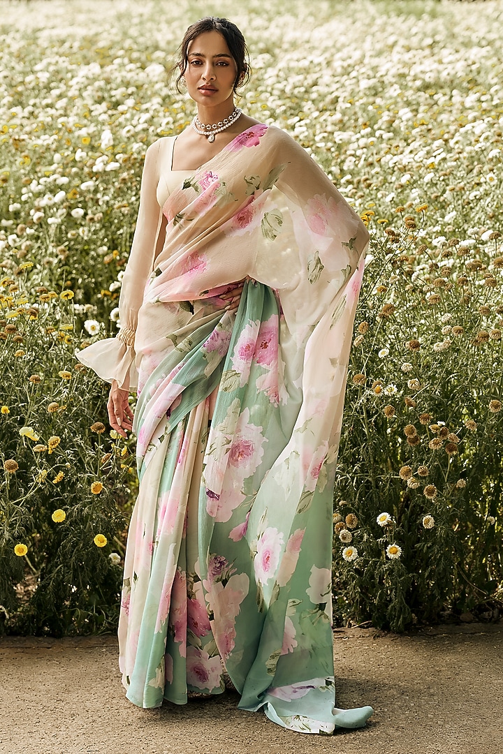 Yellow & Green Ombre Chiffon Watercolor Printed Party Wear Saree by Studio 113 at Pernia's Pop Up Shop