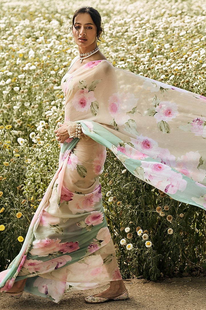Yellow & Green Ombre Chiffon Watercolor Printed Party Wear Saree by Studio 113 at Pernia's Pop Up Shop