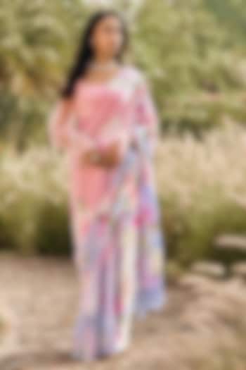 Pink & Purple Ombre Chiffon Watercolor Printed Party Wear Saree by Studio 113 at Pernia's Pop Up Shop