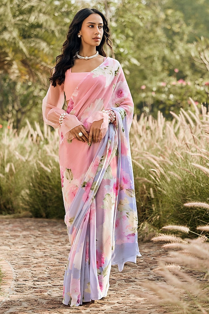 Pink & Purple Ombre Chiffon Watercolor Printed Party Wear Saree by Studio 113 at Pernia's Pop Up Shop