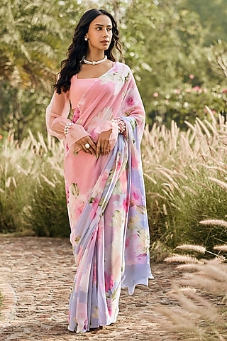 Pink & Purple Ombre Chiffon Watercolor Printed Saree by Studio 113