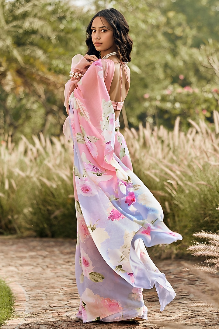 Pink & Purple Ombre Chiffon Watercolor Printed Party Wear Saree by Studio 113 at Pernia's Pop Up Shop