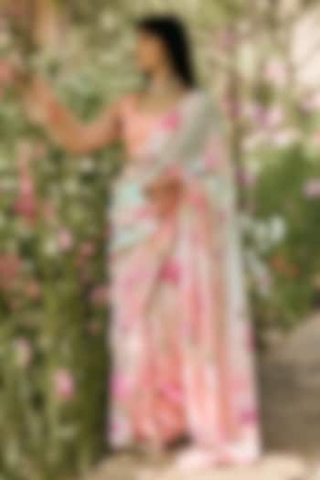 Peach & Mint Ombre Chiffon Water-Color Printed Party Wear Saree by Studio 113 at Pernia's Pop Up Shop