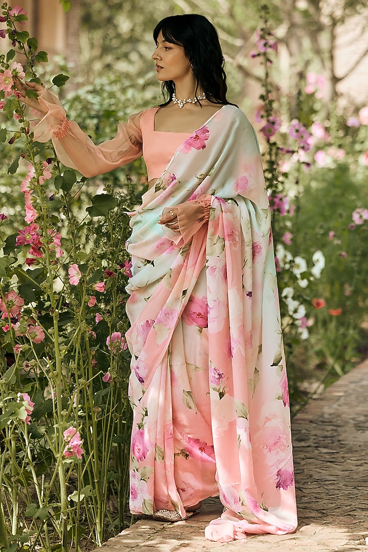 Peach & Mint Ombre Chiffon Water-Color Printed Party Wear Saree by Studio 113 at Pernia's Pop Up Shop