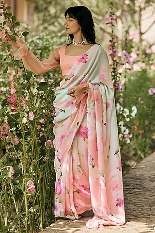 Peach & Mint Ombre Chiffon Water-Color Printed Saree by Studio 113