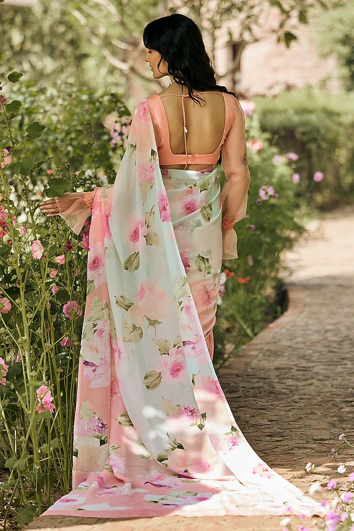 Peach & Mint Ombre Chiffon Water-Color Printed Party Wear Saree by Studio 113 at Pernia's Pop Up Shop
