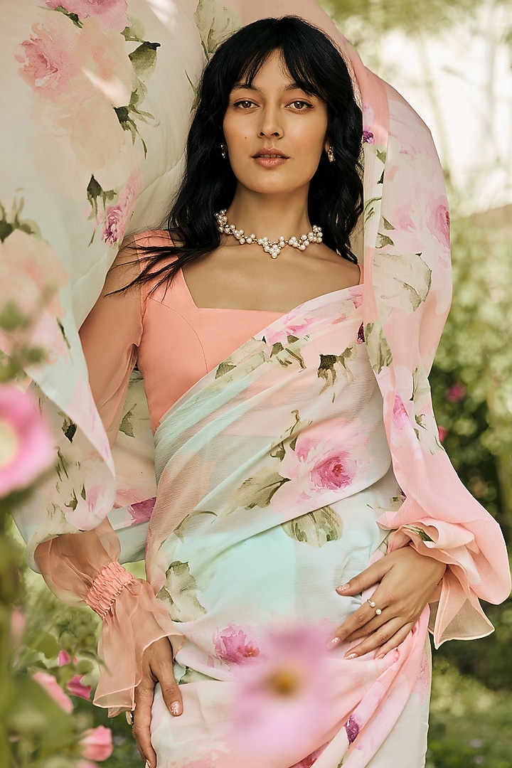 Peach & Mint Ombre Chiffon Water-Color Printed Party Wear Saree by Studio 113 at Pernia's Pop Up Shop