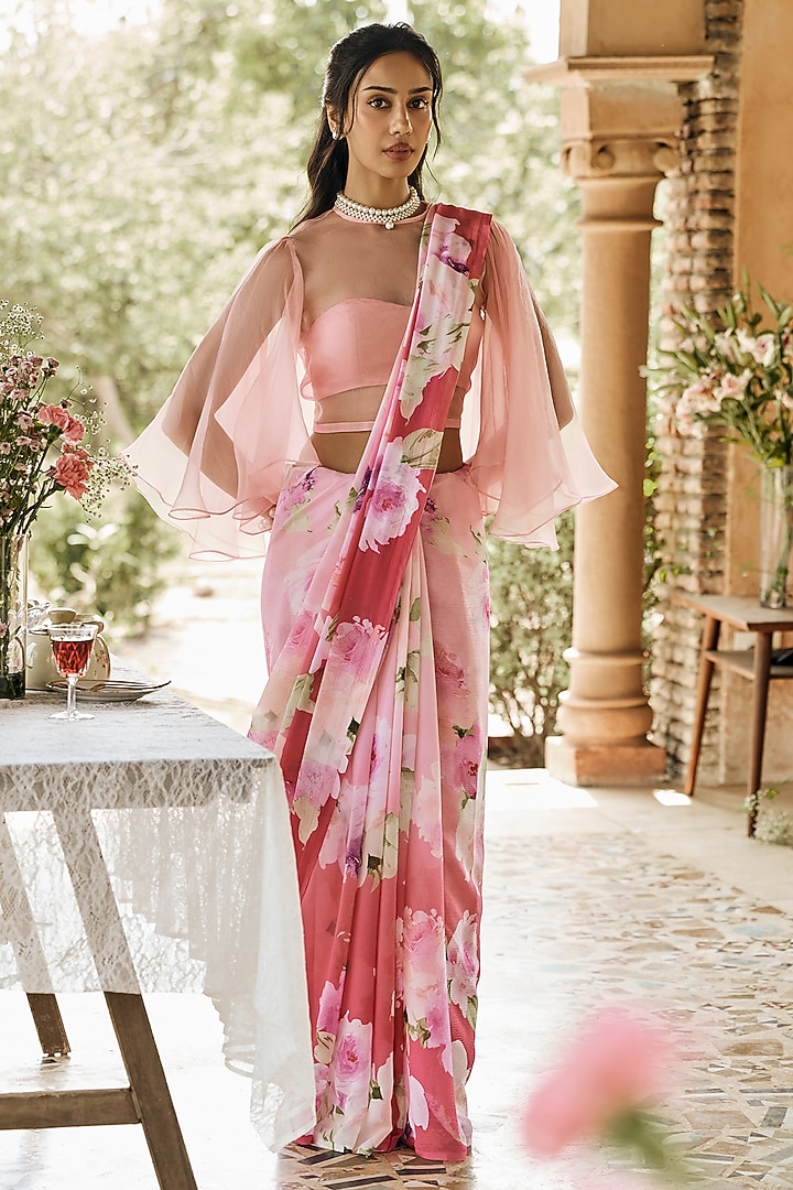 Pink Shaded Chiffon Water-Color Printed Party Wear Saree by Studio 113 at Pernia's Pop Up Shop
