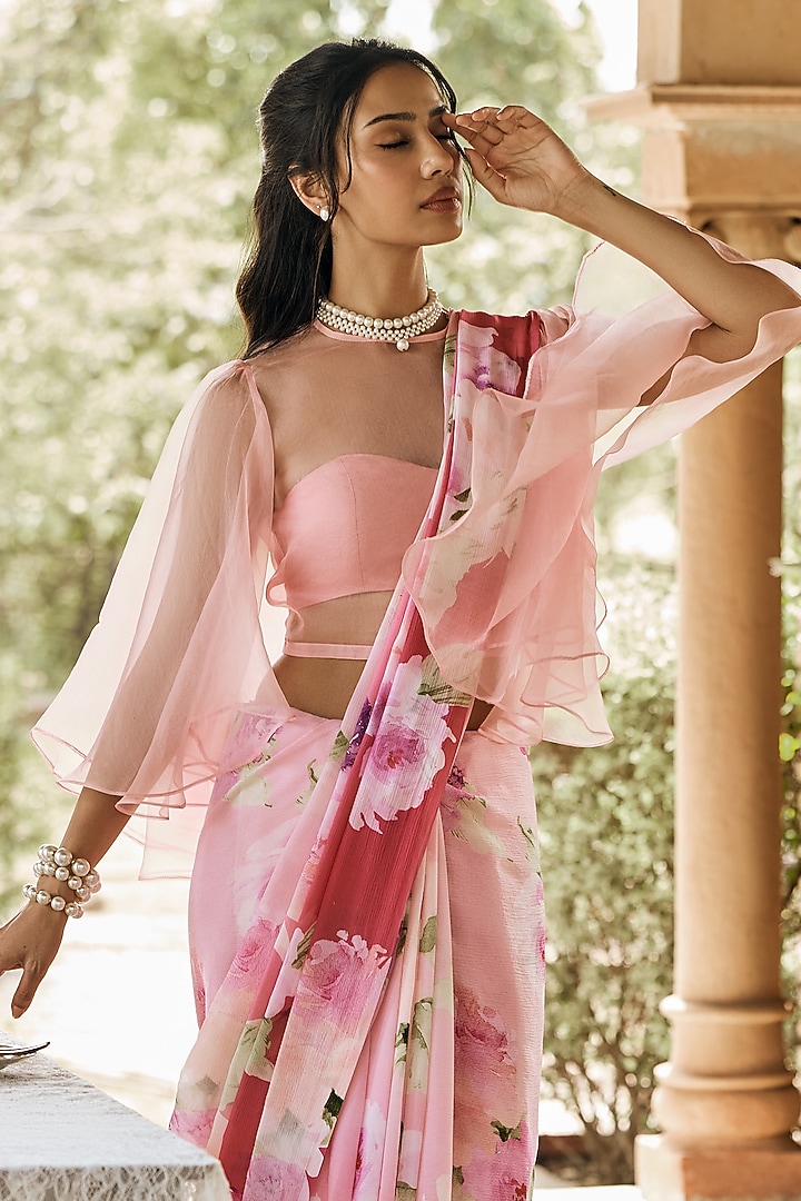 Pink Shaded Chiffon Water-Color Printed Party Wear Saree by Studio 113 at Pernia's Pop Up Shop