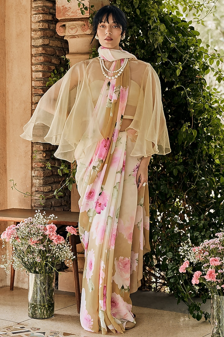 Yellow Ochre Shaded Chiffon Water-Color Printed Party Wear Saree by Studio 113 at Pernia's Pop Up Shop