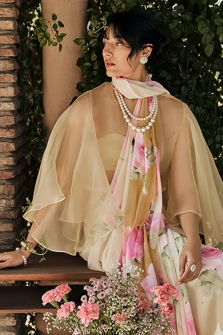 Yellow Ochre Shaded Chiffon Water-Color Printed Party Wear Saree by Studio 113 at Pernia's Pop Up Shop