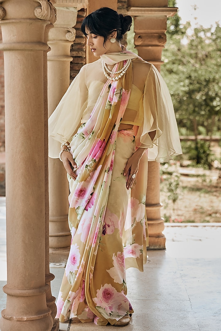 Yellow Ochre Shaded Chiffon Water-Color Printed Party Wear Saree by Studio 113 at Pernia's Pop Up Shop
