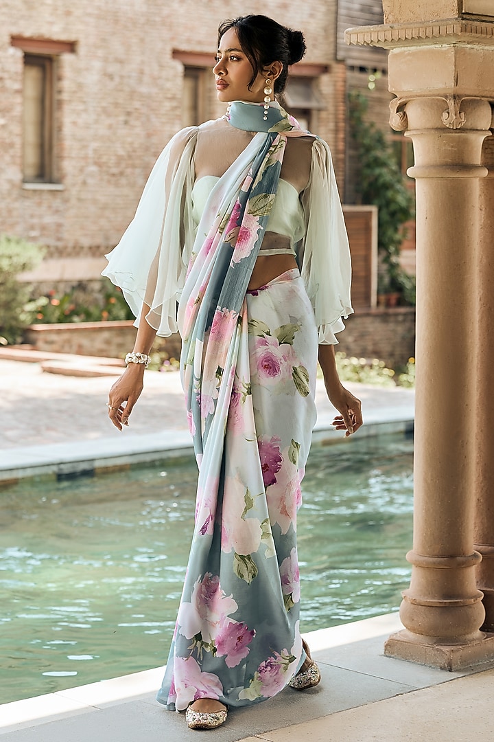French Blue Shaded Chiffon Water-Color Printed Party Wear Saree by Studio 113 at Pernia's Pop Up Shop