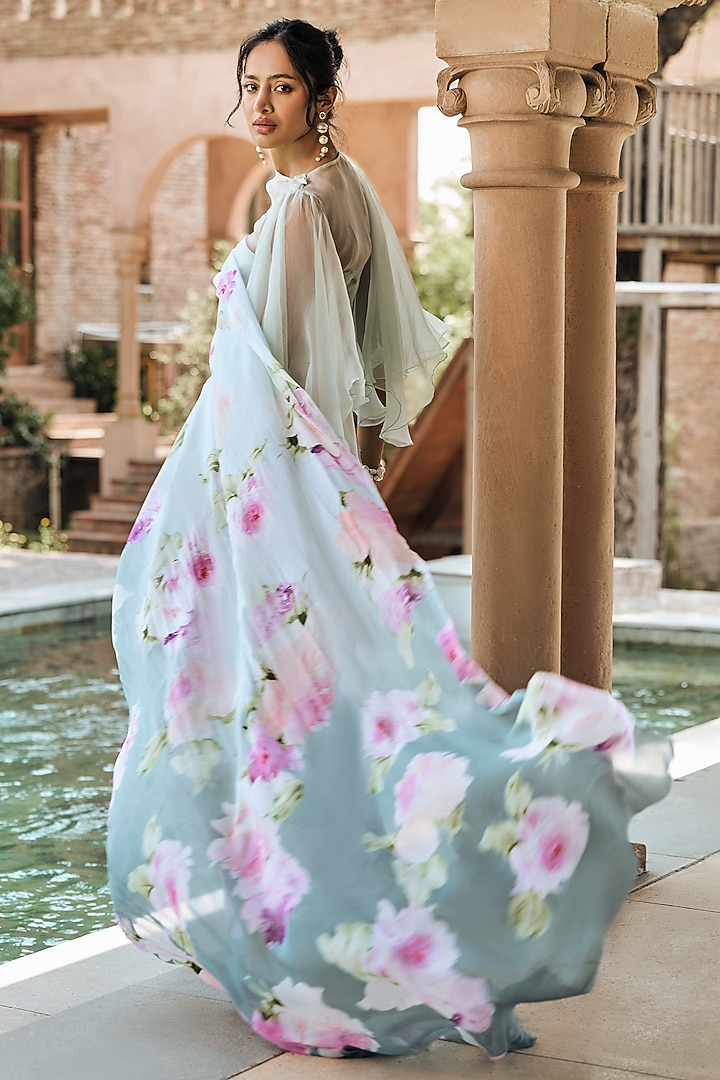 French Blue Shaded Chiffon Water-Color Printed Party Wear Saree by Studio 113 at Pernia's Pop Up Shop