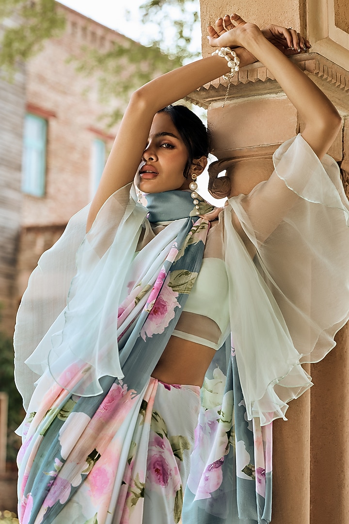 French Blue Shaded Chiffon Water-Color Printed Party Wear Saree by Studio 113 at Pernia's Pop Up Shop