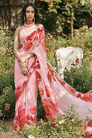 Peach Chiffon Floral Placement Printed Saree by Studio 113