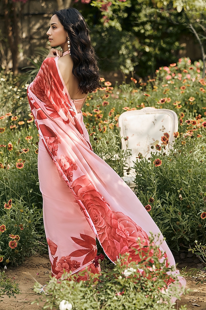 Peach Chiffon Floral Placement Printed Party Wear Saree by Studio 113 at Pernia's Pop Up Shop