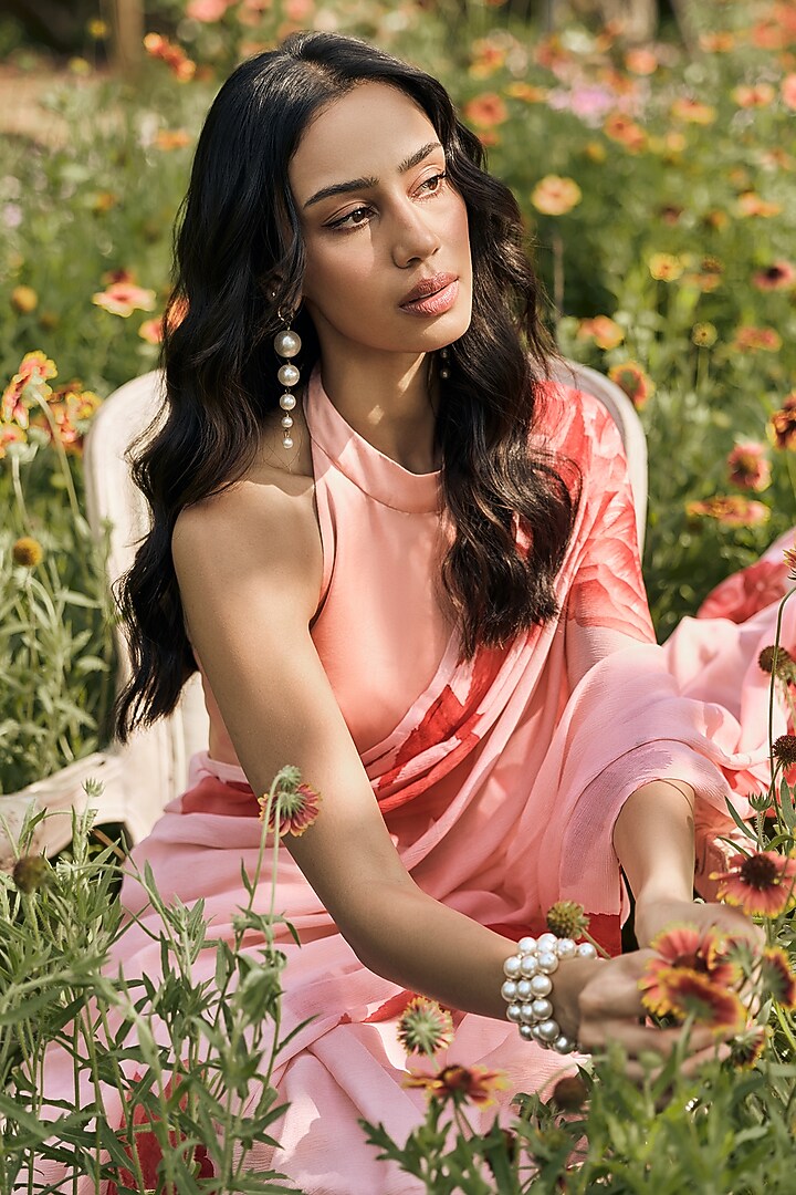 Peach Chiffon Floral Placement Printed Party Wear Saree by Studio 113 at Pernia's Pop Up Shop