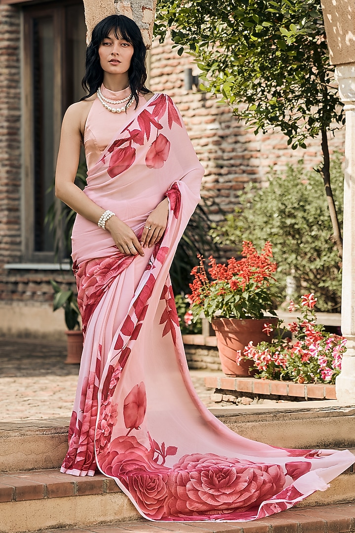 Pink Chiffon Floral Placement Printed Party Wear Saree by Studio 113 at Pernia's Pop Up Shop