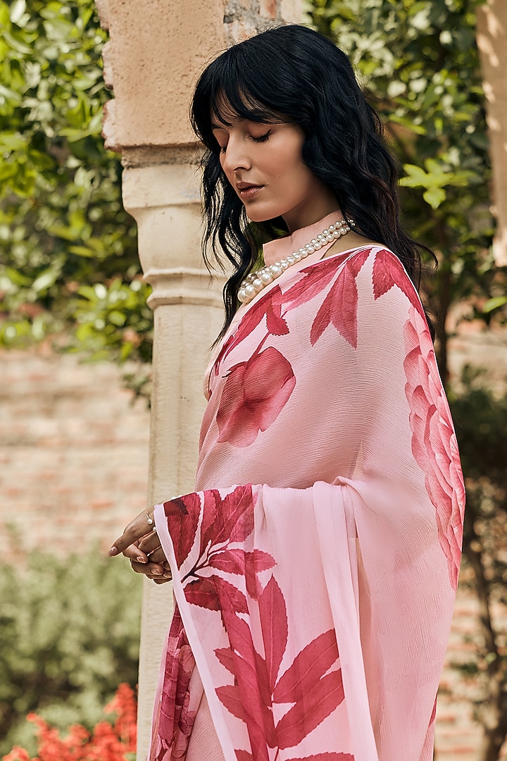Pink Chiffon Floral Placement Printed Party Wear Saree by Studio 113 at Pernia's Pop Up Shop