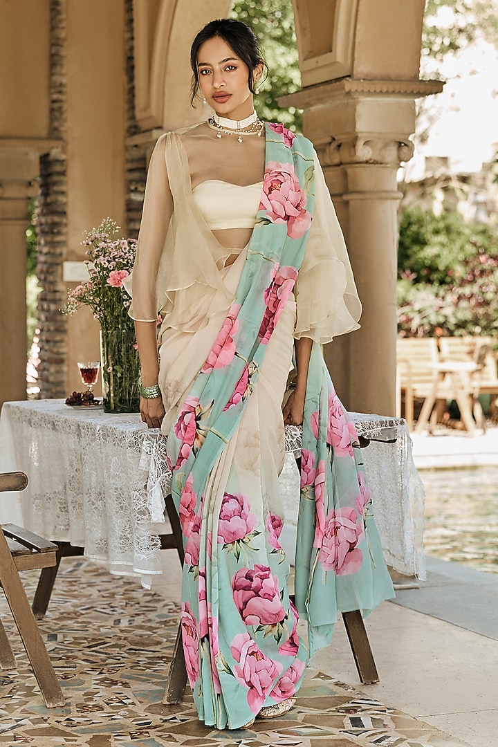 Yellow & Green Ombre Chiffon Party Wear Saree by Studio 113 at Pernia's Pop Up Shop
