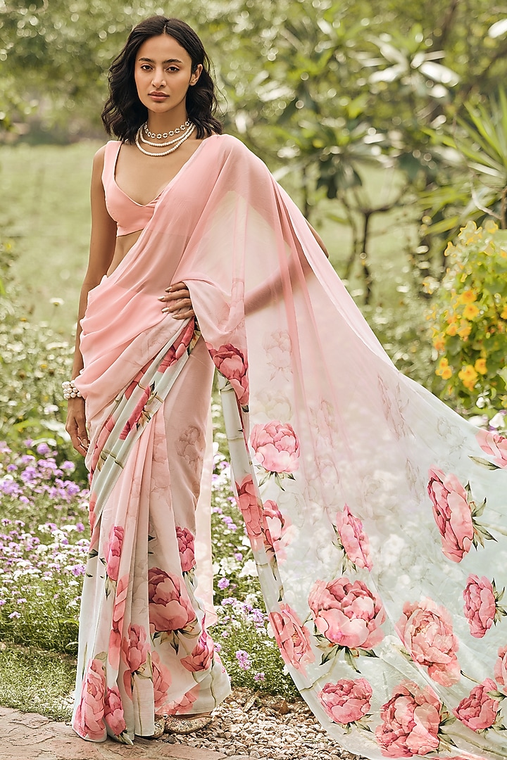 Pink & Mint Ombre Chiffon Party Wear Saree by Studio 113 at Pernia's Pop Up Shop
