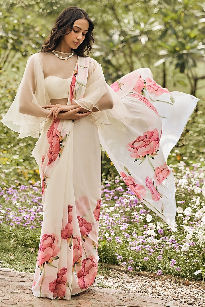 White Chiffon Floral Party Wear Saree by Studio 113 at Pernia's Pop Up Shop