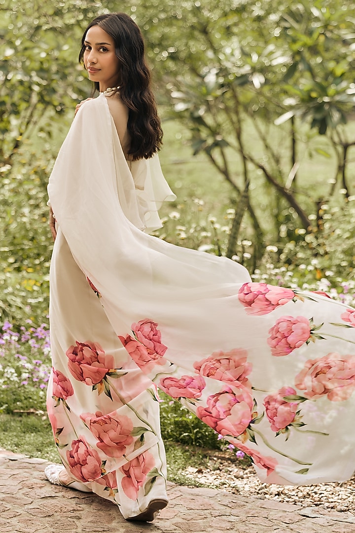 White Chiffon Floral Party Wear Saree by Studio 113 at Pernia's Pop Up Shop