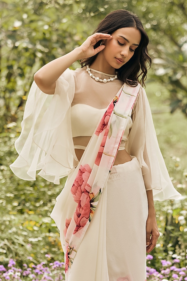 White Chiffon Floral Party Wear Saree by Studio 113 at Pernia's Pop Up Shop