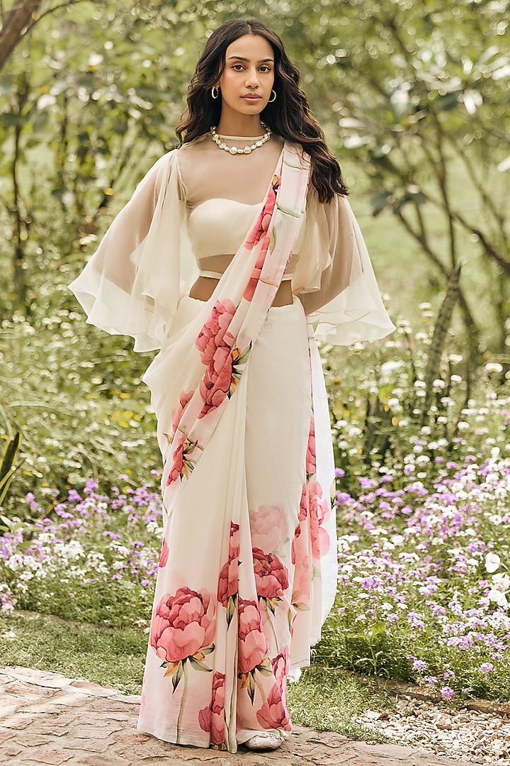 White Chiffon Floral Party Wear Saree by Studio 113 at Pernia's Pop Up Shop