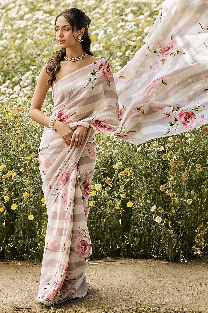 Lavender Chiffon Floral Printed Party Wear Saree Set by Studio 113 at Pernia's Pop Up Shop