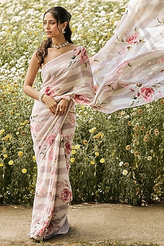 Lavender Chiffon Floral Printed Saree Set by Studio 113